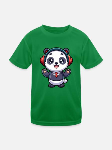 Panda Lustige Zeichentrickfigur Kopfhörer Musik - Kinder Funktions-T-Shirt - Kelly Green - Vorne