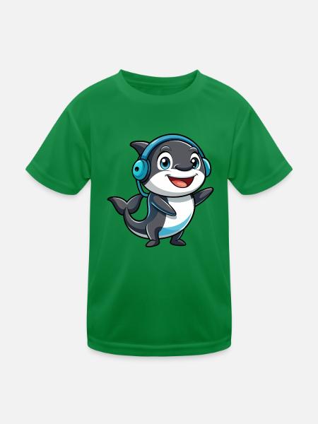Orca Lustige Zeichentrickfigur Kopfhörer Musik - Kinder Funktions-T-Shirt - Kelly Green - Vorne