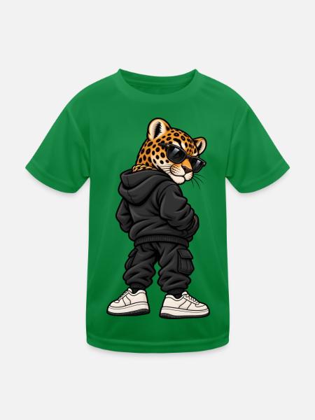 Leopard im Streetstyle – Urbaner Wildkatzenlook - Kinder Funktions-T-Shirt - Kelly Green - Vorne
