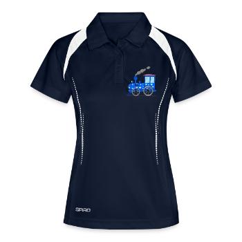 Kinderzug Eisenbahn blau mit Herzen - Frauen Polo atmungsaktiv - Navy/Weiß - Vorne