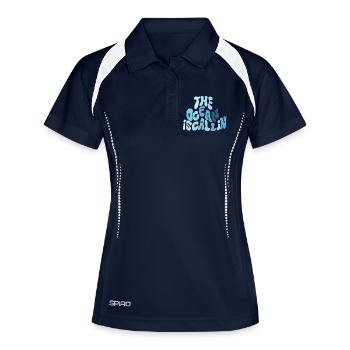 Der Ozean ruft – Wellen-Typografie in Blau - Frauen Polo atmungsaktiv - Navy/Weiß - Vorne