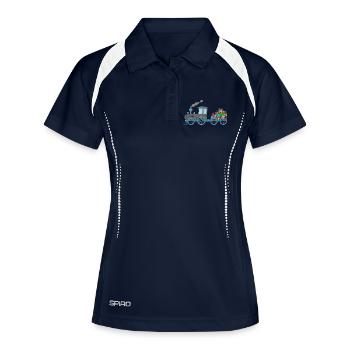 Kinderzug Eisenbahn mit Anhäger grau - Frauen Polo atmungsaktiv - Navy/Weiß - Vorne
