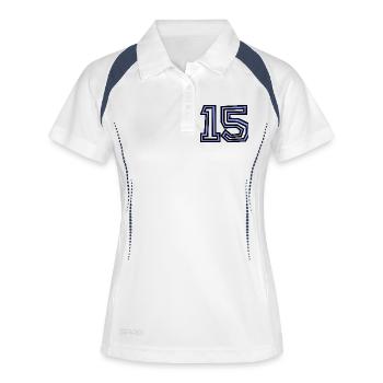 15. 15 JAHRE. 15-JÄHRIGES JUBILÄUM. 15-JÄHRIGES JUBILÄUM. - Frauen Polo atmungsaktiv - Weiß/Navy - Vorne