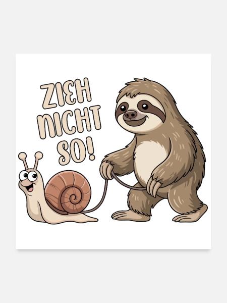 Zieh nicht so - Schnecke und Faultier - Poster 60x60 cm - Weiß - Vorne