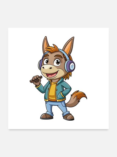 Esel Lustige Cartoon Figur Kopfhörer Musik - Poster 60x60 cm - Weiß - Vorne