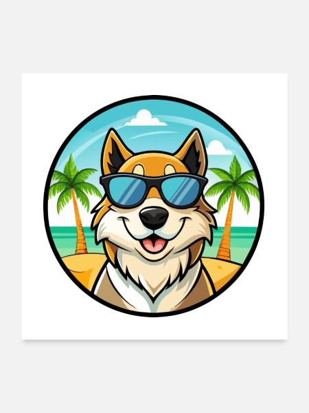 Lapponischer Hirte Hund Rasse Karikatur Sonnenbrille Strand - Poster 60x60 cm - Weiß - Vorne