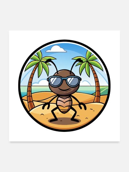 Ameise lustige Cartoon Sommer Strand Sonnenbrille Aufkleber - Poster 60x60 cm - Weiß - Vorne