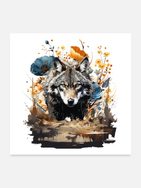 Wolf mit Vintage Blumen - Poster 60x60 cm - Weiß - Vorne