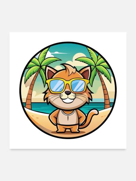 Pixie Bob Katzenrasse Cartoon Sonnenbrille Strand - Poster 60x60 cm - Weiß - Vorne