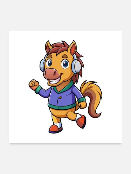Pferd Lustige Zeichentrickfigur Kopfhörer Musik - Poster 60x60 cm - Weiß - Vorne