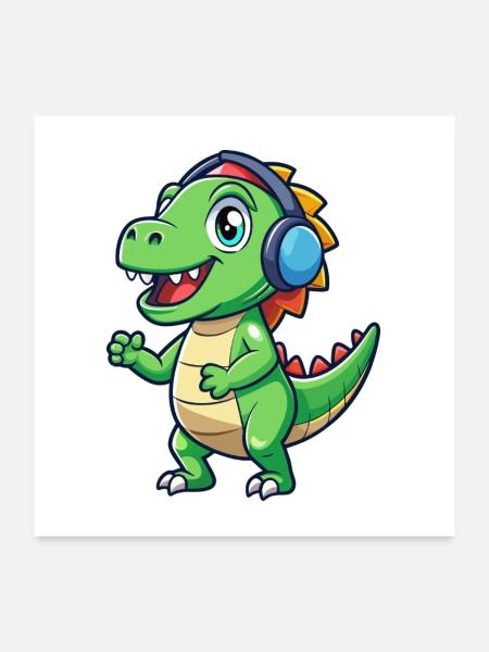 Dinosaurier Lustige Zeichentrickfigur Kopfhörer Musik - Poster 60x60 cm - Weiß - Vorne