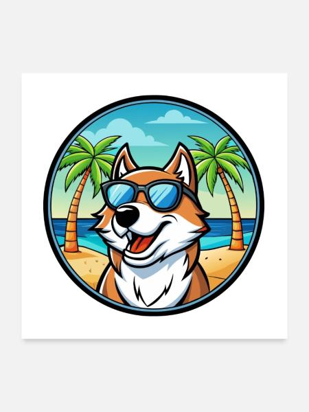 Sibirische Trikolore Hunderasse Cartoon Beach - Poster 60x60 cm - Weiß - Vorne