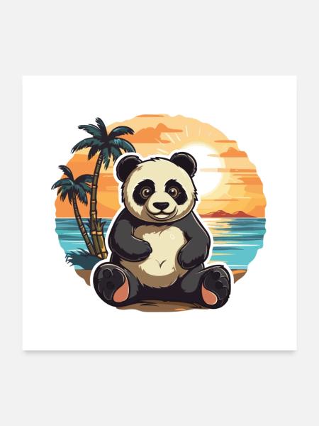 Panda Lustige Karikatur Kawaii Strand Illustration - Poster 60x60 cm - Weiß - Vorne