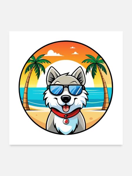 Kanadischer Labrador Husky Hunderasse Cartoon Beach - Poster 60x60 cm - Weiß - Vorne
