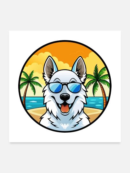 Berger Blanc Suisse Dog Breed Cartoon Sunglasses - Poster 24" x 24" (60x60 cm) - white - Front