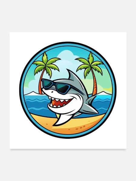Hai Lustige Cartoon Sommer Strand Sonnenbrille Cool - Poster 60x60 cm - Weiß - Vorne