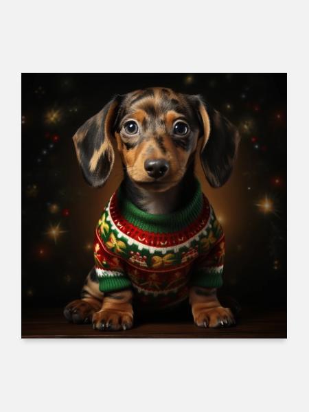 Weihnachtsdackel im Strickpullover - Poster 60x60 cm - Weiß - Vorne