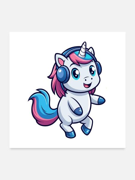 Einhorn Lustige Zeichentrickfigur Kopfhörer Musik - Poster 60x60 cm - Weiß - Vorne