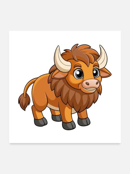 Bison Niedliche Maskottchen Zeichentrickfigur Kawaii - Poster 60x60 cm - Weiß - Vorne