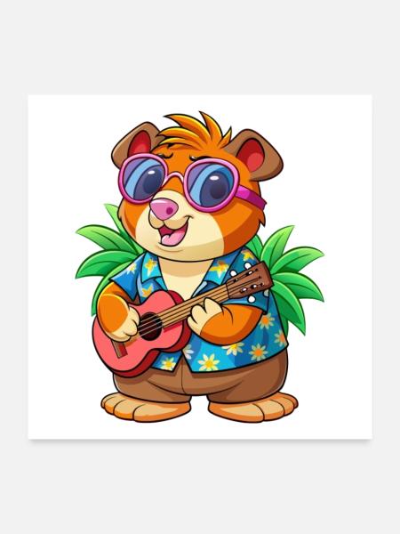 Drôle Cochon D’Inde Lunettes De Soleil De Plage D’été Hawaïen - Poster 60 x 60 cm - blanc - Devant
