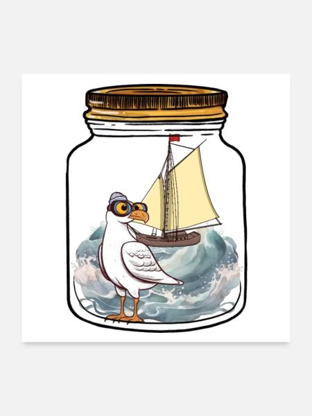 maritime, seagull, message in bottle, seagulls, sailing ship - Poster 24" x 24" (60x60 cm) - white - Front