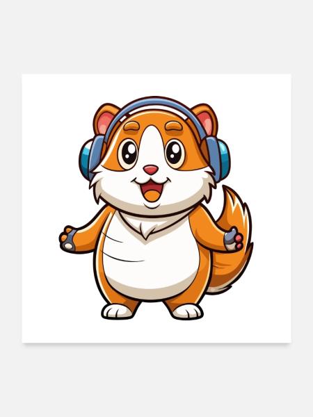 Meerschweinchen Lustige Zeichentrickfigur Kopfhörer Musik - Poster 60x60 cm - Weiß - Vorne