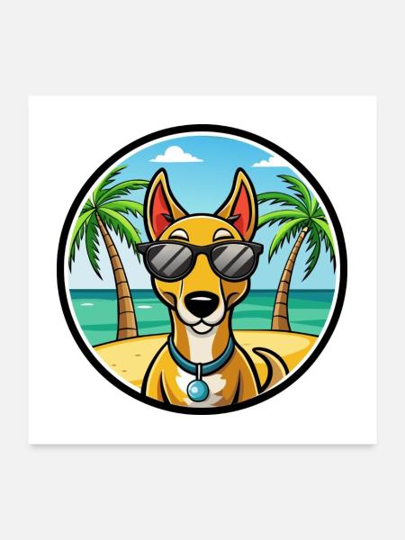 Russischer Harlekin Hund Rasse Cartoon Strand - Poster 60x60 cm - Weiß - Vorne