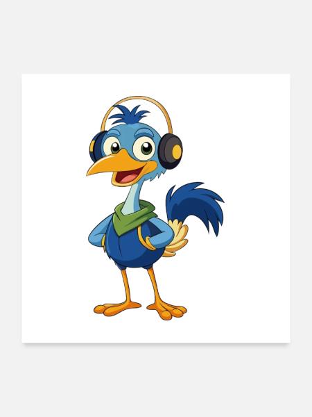 Emu Funny Cartoon Character Musique de casque - Poster 60 x 60 cm - blanc - Devant