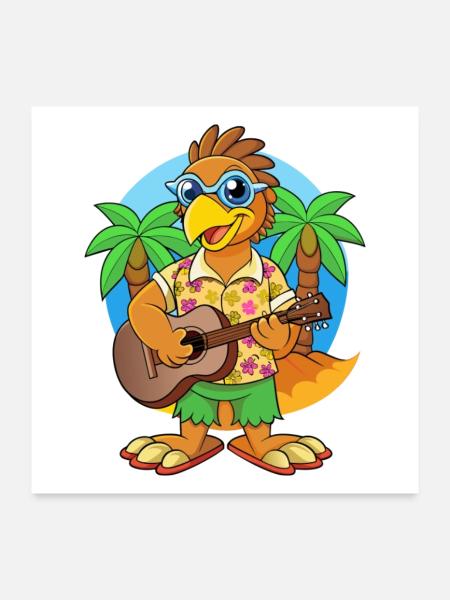 Drôle Hawk Dessin Animé Plage D’été Lunettes De Soleil Guitare - Poster 60 x 60 cm - blanc - Devant