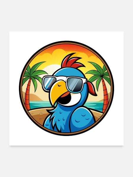 Papagei Lustige Cartoon Sommer Strand Sonnenbrille Cool - Poster 60x60 cm - Weiß - Vorne