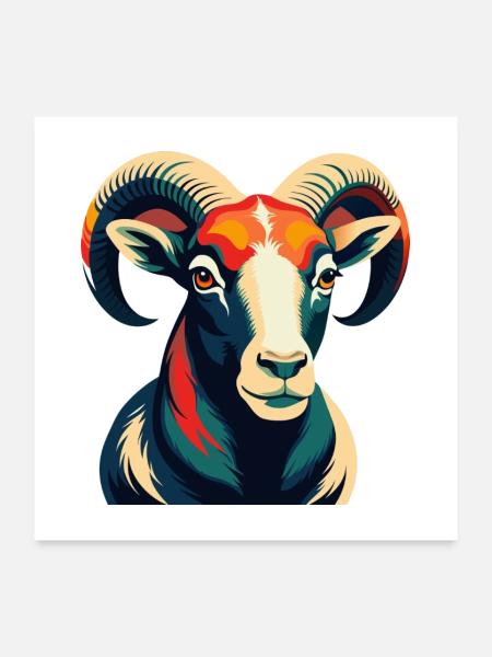 Ram Cartoon Figur Buntes Haustier Tier - Poster 60x60 cm - Weiß - Vorne