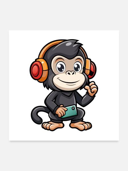 Schimpanse Lustige Cartoon Figur Kopfhörer Musik - Poster 60x60 cm - Weiß - Vorne