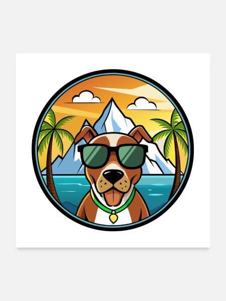 Mountain Cur Hund Rasse Cartoon Sonnenbrille Strand - Poster 60x60 cm - Weiß - Vorne