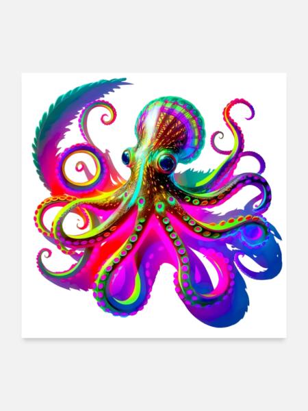 Psychedelischer Neon-Oktopus - Poster 60x60 cm - Weiß - Vorne