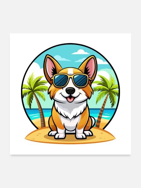 Strickjacke Welsh Corgi Hund Rasse Cartoon Sonnenbrille - Poster 60x60 cm - Weiß - Vorne