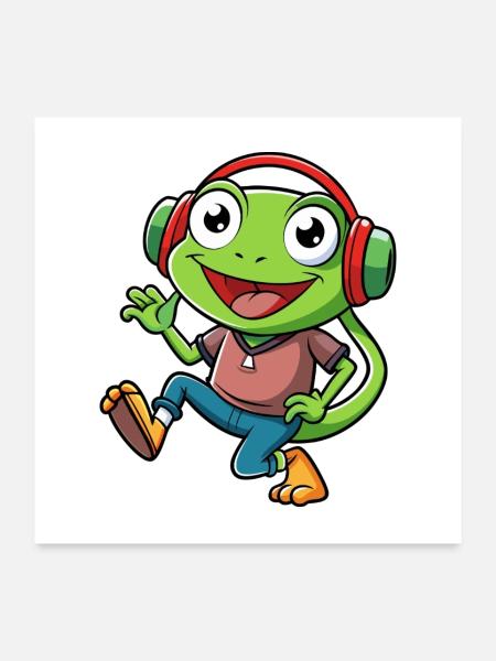 Frosch Lustige Cartoon Figur Kopfhörer Musik - Poster 60x60 cm - Weiß - Vorne