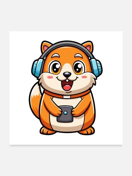 Hamster Drôle Dessin Animé Personnage Casque Musique - Poster 60 x 60 cm - blanc - Devant
