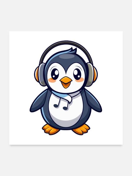 Pinguin Lustige Zeichentrickfigur Kopfhörermusik - Poster 60x60 cm - Weiß - Vorne