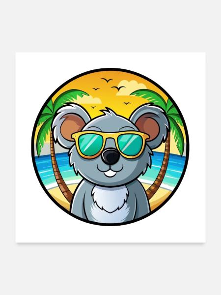 Koala Lustige Cartoon Sommer Strand Sonnenbrille Cool - Poster 60x60 cm - Weiß - Vorne