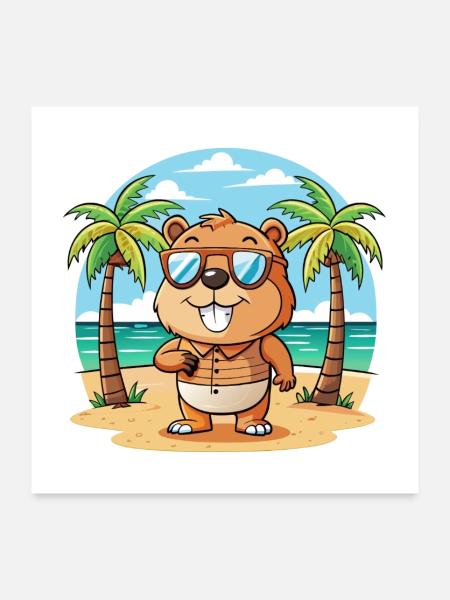 Biber Lustige Cartoon Sommer Strand Sonnenbrille - Poster 60x60 cm - Weiß - Vorne