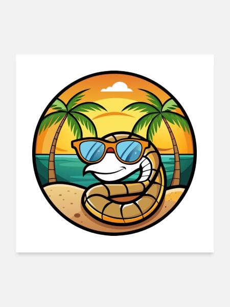 Serpent Drôle Dessin Animé Plage D’été Lunettes De Soleil Cool - Poster 60 x 60 cm - blanc - Devant