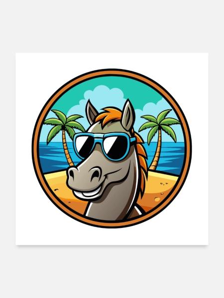Pferd Lustig Cartoon Sommer Strand Sonnenbrille Cool - Poster 60x60 cm - Weiß - Vorne
