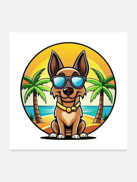 Belgischer Malinois Hund Rasse Cartoon Sonnenbrille Strand - Poster 60x60 cm - Weiß - Vorne