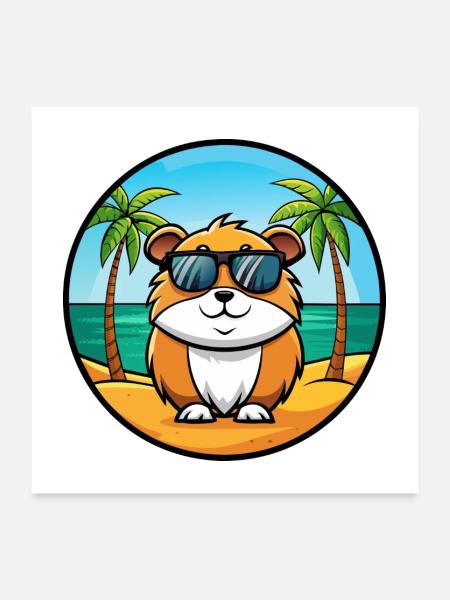Cochon d’Inde Drôle Dessin Animé Plage Été Lunettes de soleil - Poster 60 x 60 cm - blanc - Devant