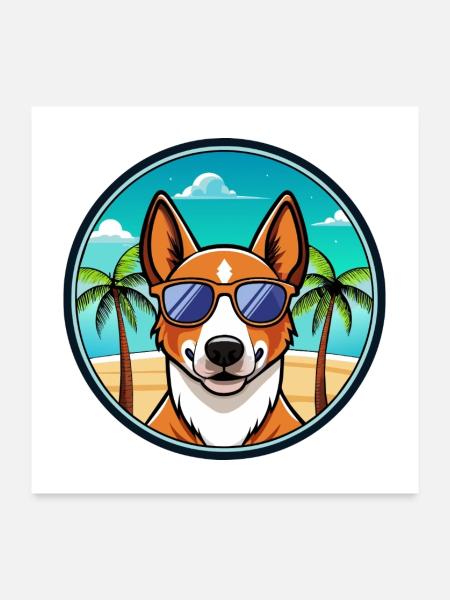 Basenji Hunderasse Cartoon Sonnenbrille Strand - Poster 60x60 cm - Weiß - Vorne