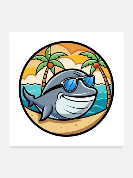 Wal Lustig Cartoon Sommer Strand Sonnenbrille Cool - Poster 60x60 cm - Weiß - Vorne