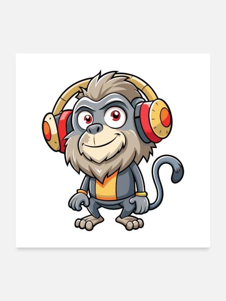 Pavian Lustige Cartoon Figur Kopfhörer Musik - Poster 60x60 cm - Weiß - Vorne