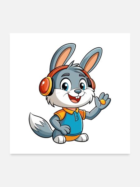 Kaninchen Lustige Cartoon Figur Kopfhörer Musik - Poster 60x60 cm - Weiß - Vorne