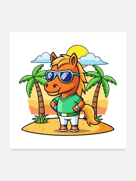 Pferd Lustige Cartoon Sommer Strand Sonnenbrille - Poster 60x60 cm - Weiß - Vorne