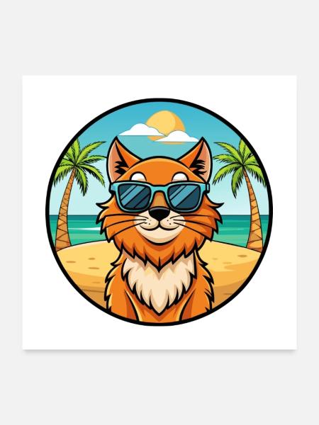 Ingwer Langhaar Katze Rasse Cartoon Sonnenbrille Strand - Poster 60x60 cm - Weiß - Vorne